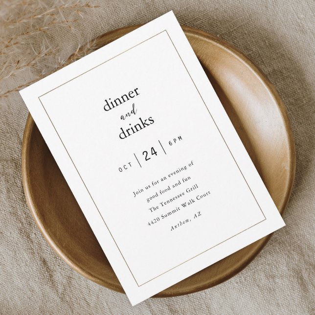 Convite Jantar e Negócios de Bebidas Elegantes Modernos (Elegant black and white dinner party invitation with simple gold frame and minimal typography.)