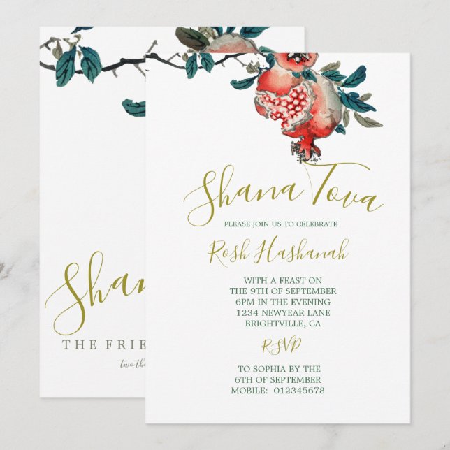 Convite Jantar Elegante de Ano Novo Rosh Hashaná Romã (Frente/Verso)