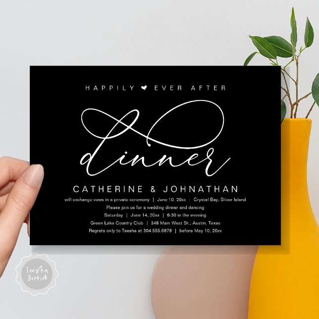 Convite Jantar Feliz Para Sempre Depois, Festa Romântica M (Happily Ever After Dinner Party, Modern Romantic Wedding  Invitation Card, PDF, Classy Black)
