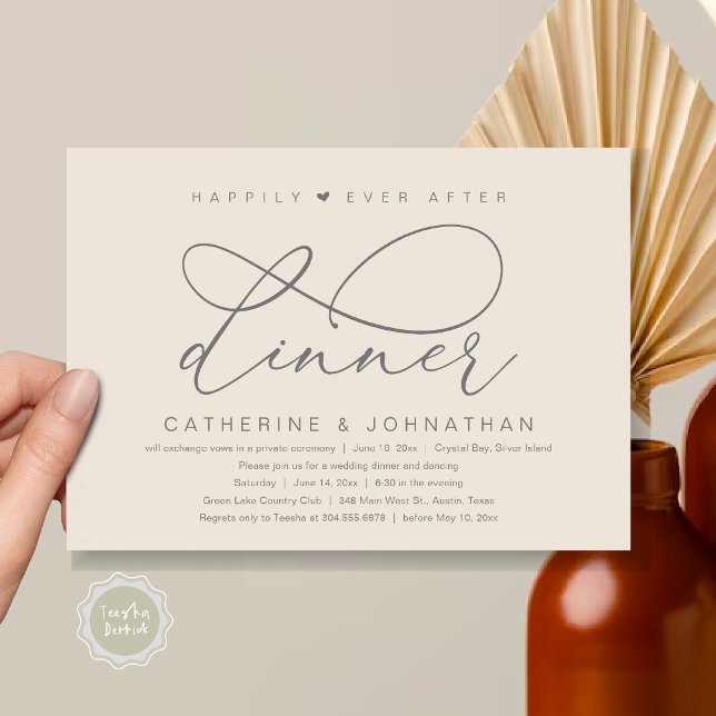 Convite Jantar Feliz Para Sempre, Festa Romântica Moderna (Happily Ever After Dinner Party, Modern Romantic Wedding  Invitation Card, PDF, Dark Grey Cream)