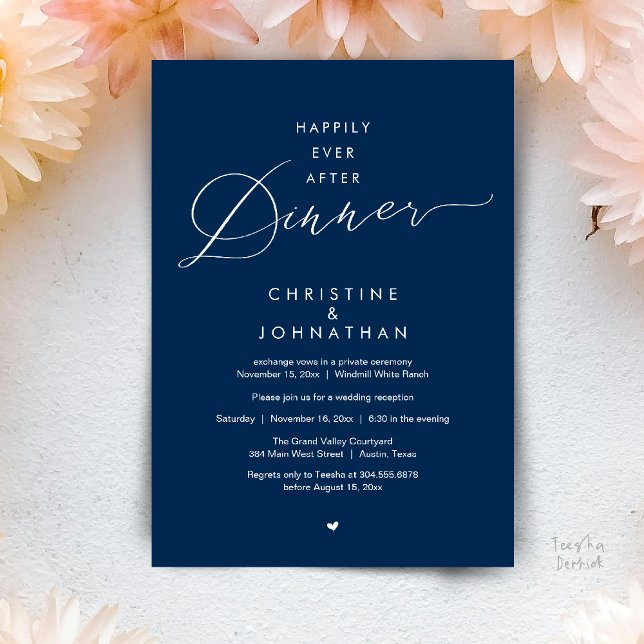 Convite Jantar Feliz Para Sempre Recepção de Casamento Mod (Happily Ever After Dinner Modern Wedding Reception Invitation Card Elopement PDF Navy Blue)