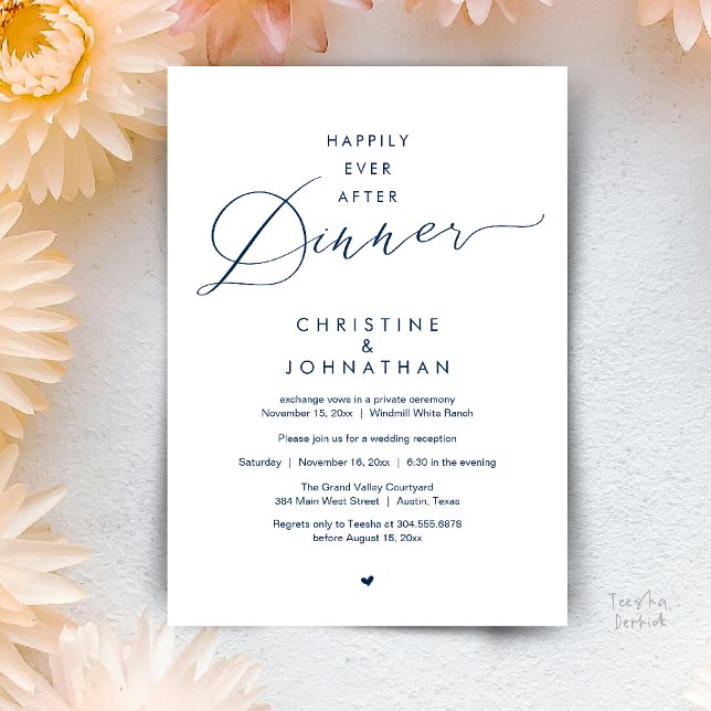 Convite Jantar Feliz Para Sempre Recepção de Casamento Mod (Happily Ever After Dinner Modern Wedding Reception Invitation Card Elopement PDF Navy Blue)