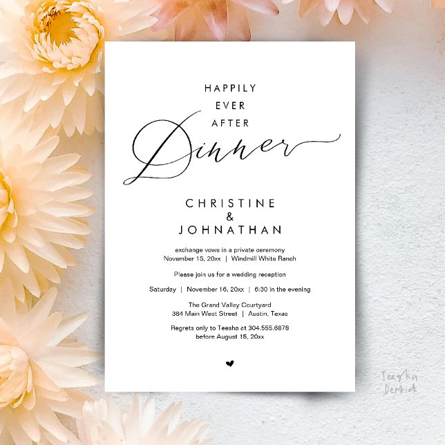 Convite Jantar Feliz Para Sempre Recepção de Casamento Mod (Happily Ever After Dinner Modern Wedding Reception Invitation Card Elopement PDF Black and White)