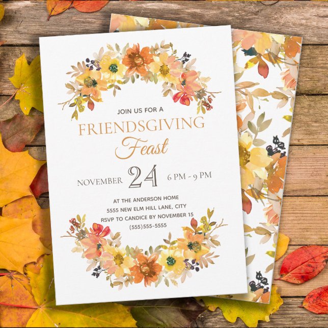 Convite Jantar Festa de Ação de Graças dos Amigos Rústico  (Friendsgiving Dinner invitation with pretty orange and yellow watercolor flowers)