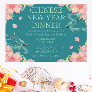 Convite Jantar Floral Teal do Ano Novo Chinês