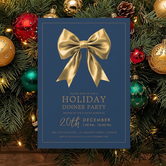 Convite Jantar Formal de Festa de Natal em Ouro com Laço d (Formal Holiday Dinner Party Gold Satin Bow Navy Invitation)