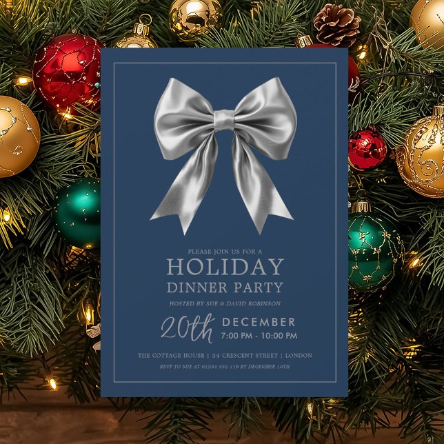 Convite Jantar Formal de Festa de Natal em Seda Prata Azul (Formal Holiday Dinner Party Silver Satin Bow Navy Invitation)