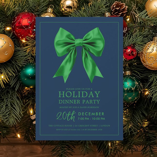 Convite Jantar Formal de Festa de Natal Verde Laço de Seda (Formal Holiday Dinner Party Green Satin Bow Navy Invitation)