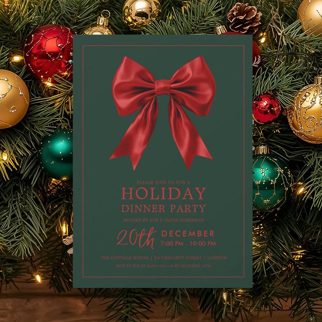 Convite Jantar Formal de Festa de Natal Vermelho Cetim Laç (Formal Holiday Dinner Party Red Satin Bow Green Invitation)