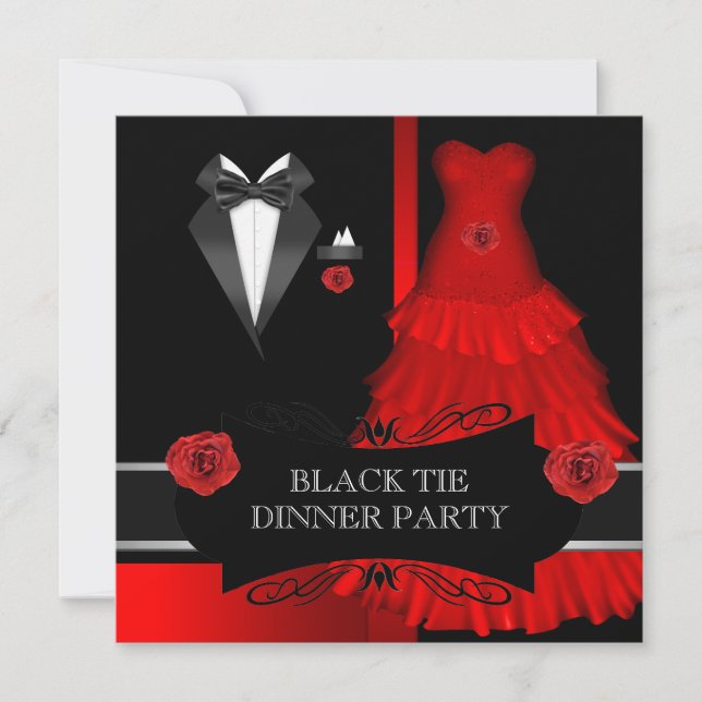 Convite Jantar Formal de Gala Branco Gravata Preta Vermelh (Frente)