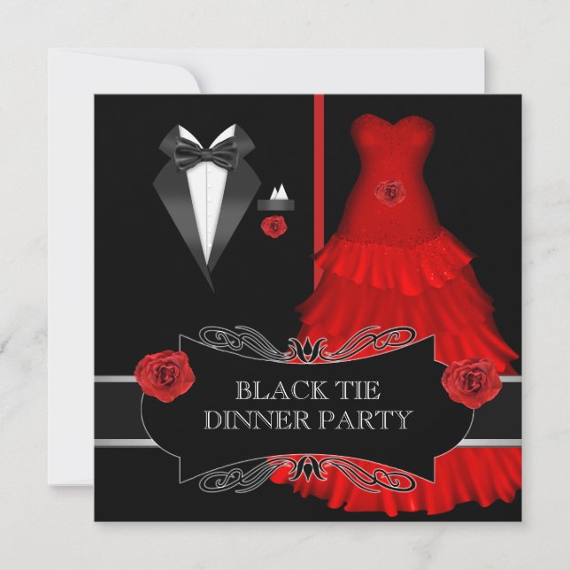 Convite Jantar Formal de Gala Branco Gravata Preta Vermelh (Frente)