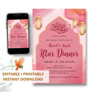 Convite Jantar Iftar com Arco de Aquarela Rosa e Dourado E