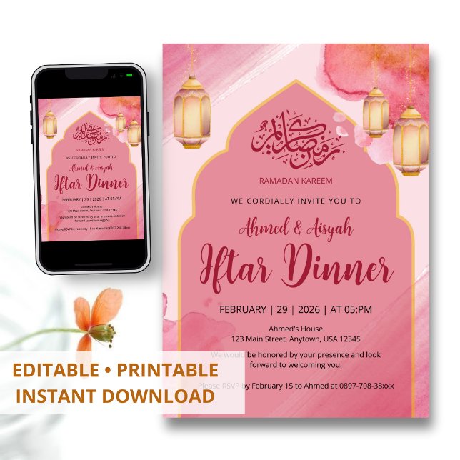 Convite Jantar Iftar com Arco de Aquarela Rosa e Dourado E (Criador carregado)