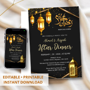 Convite Jantar Iftar com Lanterna Preta e Dourada de Luxo