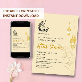 Convite Jantar Iftar com Lanternas Florais de Ouro de Luxo