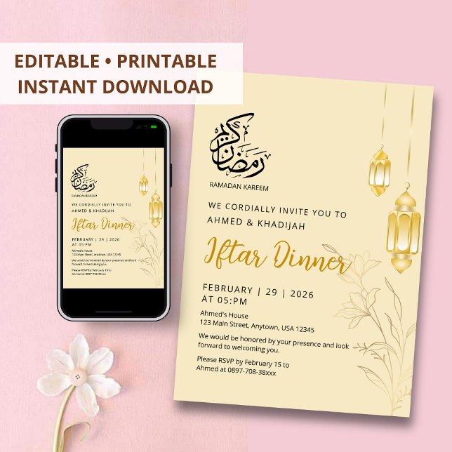 Convite Jantar Iftar com Lanternas Florais de Ouro de Luxo (Criador carregado)