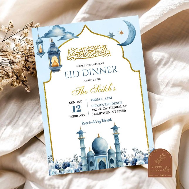 Convite Jantar Iftar do Ramadão Islâmico Floral Azul (Criador carregado)