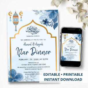 Convite Jantar Iftar Floral Aquarela Azul Ramadan