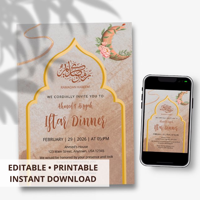Convite Jantar Iftar Floral Boho Elegante Ramadan (Criador carregado)