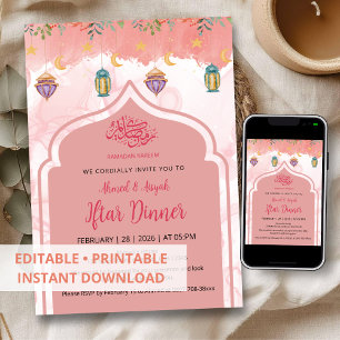 Convite Jantar Iftar Floral em Aquarela Rosa Elegante