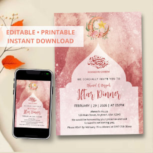 Convite Jantar Iftar Floral Lunar Elegante em Aquarela