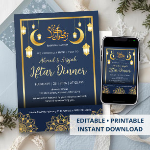 Convite Jantar Iftar Luxuoso Mandala Azul Marinho e Dourad