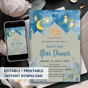 Convite Jantar Iftar Mesquita Aquarela Azul Temperamental