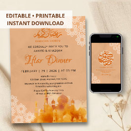 Convite Jantar Iftar Mesquita Pôr do Sol Laranja Aquarela