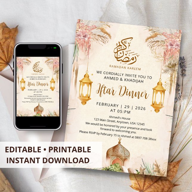 Convite Jantar Iftar Moderno Boho Pampas e Lanterna Dourad (Criador carregado)