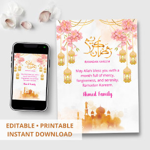 Convite Jantar Iftar Rosa Floral Aquarela & Mesquita