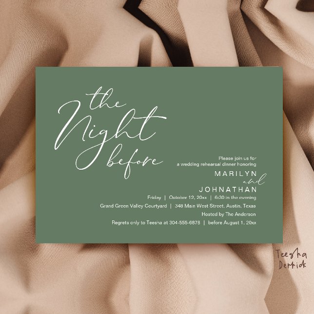 Convite Jantar Moderno de Véspera de Casamento (Modern Romantic The Night Before Wedding Rehearsal Dinner Invitation Card in Sage Green)