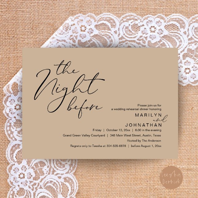 Convite Jantar Moderno de Véspera de Noivado (Modern Romantic The Night Before Wedding Rehearsal Dinner Invitation Card in Brown Tan)