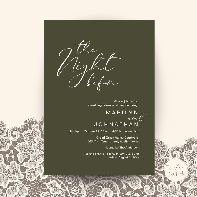 Convite Jantar Moderno de Véspera de Noivado (Modern The Night Before Wedding Rehearsal Dinner Invitation Card in Olive Green)
