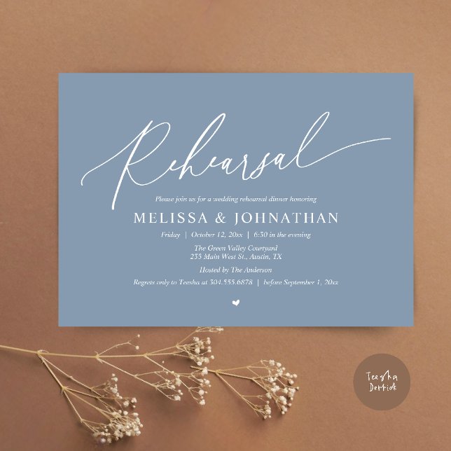 Convite Jantar Moderno Romântico Minimalista de Ensaio de  (Modern Romantic Intimate Wedding Rehearsal Dinner Invitation Card in Dusty Blue)