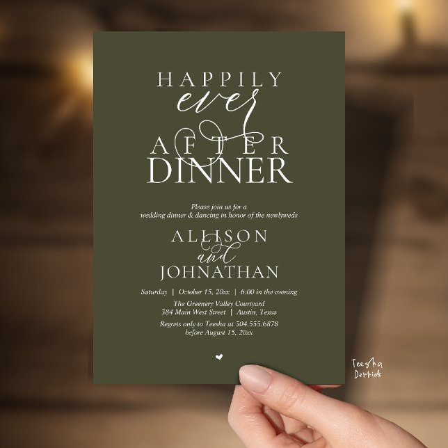 Convite Jantar Olive Felizes para Sempre Casamento Moderno (Olive Green Happily Ever After Dinner Modern Script Wedding Invitation Card)