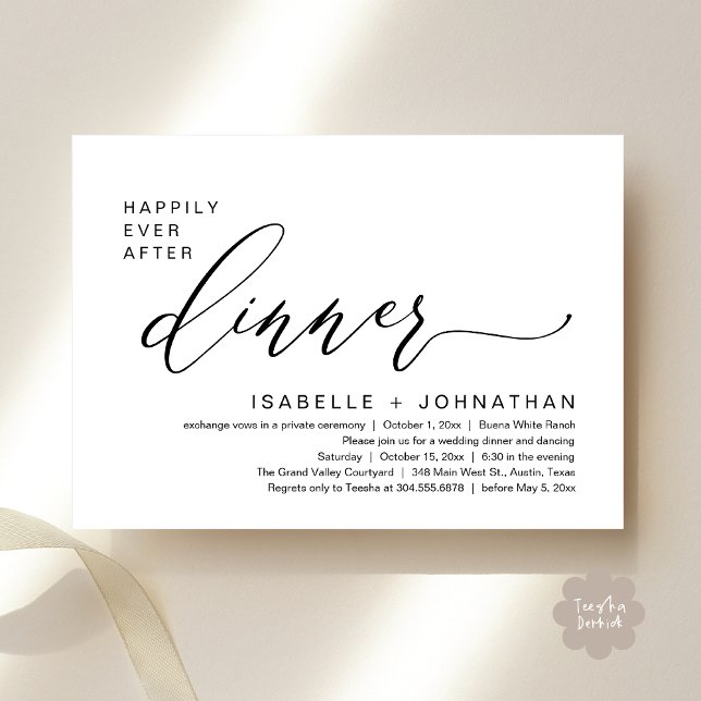Convite Jantar Romântico Casamento Felizes para Sempre Fes (Romantic Modern Happily Ever After Party Elopement Dinner Invitation Card PDF in Classy Black White)