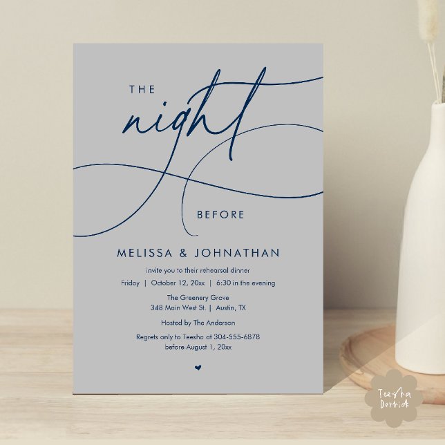 Convite Jantar Romântico na Véspera do Ensaio de Casamento (Romantic The Night Before Wedding Rehearsal Dinner Invitation card in navy blue and dark grey)