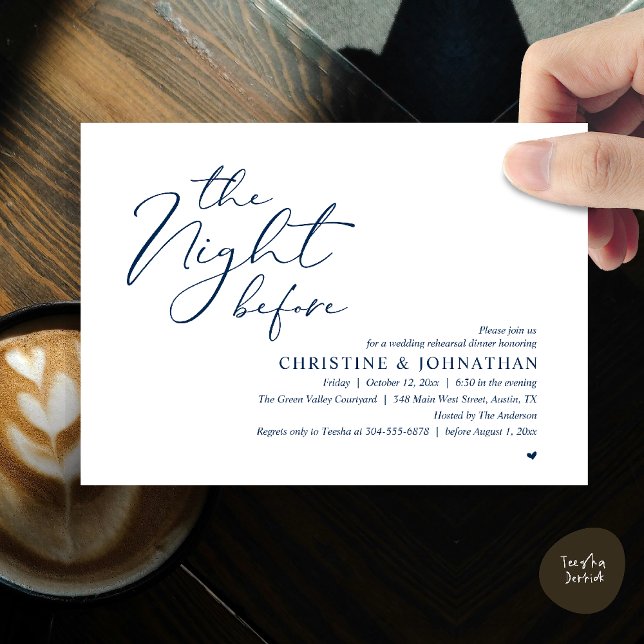 Convite Jantar Romântico na Véspera do Ensaio de Casamento (The Night Before Wedding Rehearsal Romantic Dinner Invitation Card in Navy Blue)