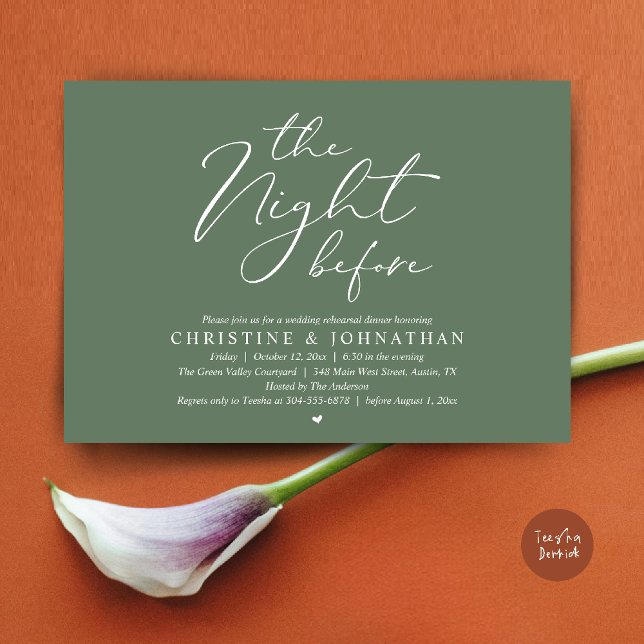 Convite Jantar Romântico na Véspera do Ensaio de Casamento (The Night Before Wedding Rehearsal Romantic Dinner Invitation Card in Sage Green)