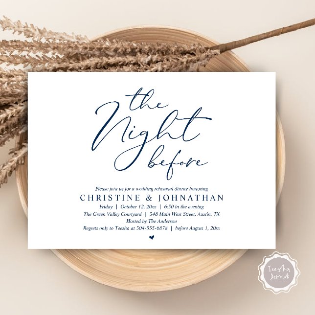 Convite Jantar Romântico na Véspera do Ensaio de Casamento (The Night Before Wedding Rehearsal Romantic Dinner Invitation Card in Navy Blue)