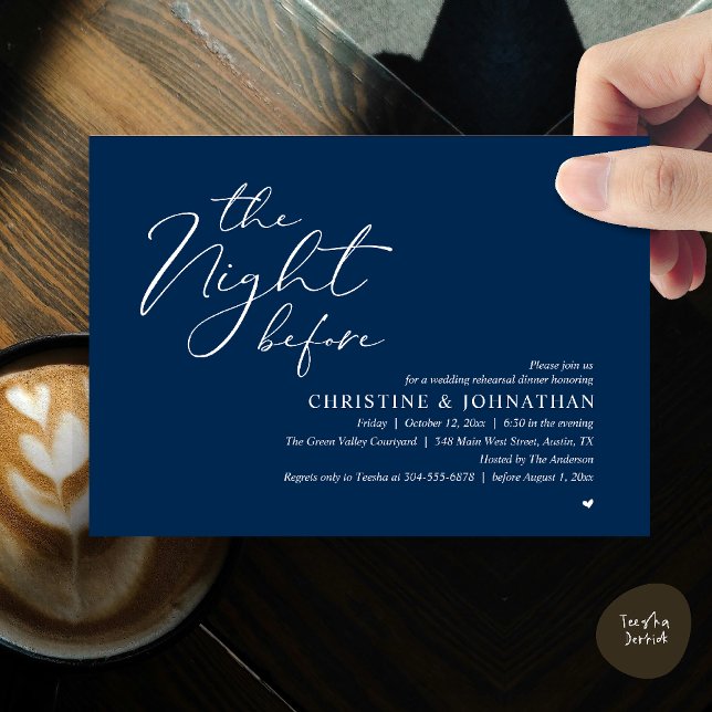 Convite Jantar Romântico na Véspera do Ensaio de Casamento (The Night Before Wedding Rehearsal Romantic Dinner Invitation Card in Navy Blue)
