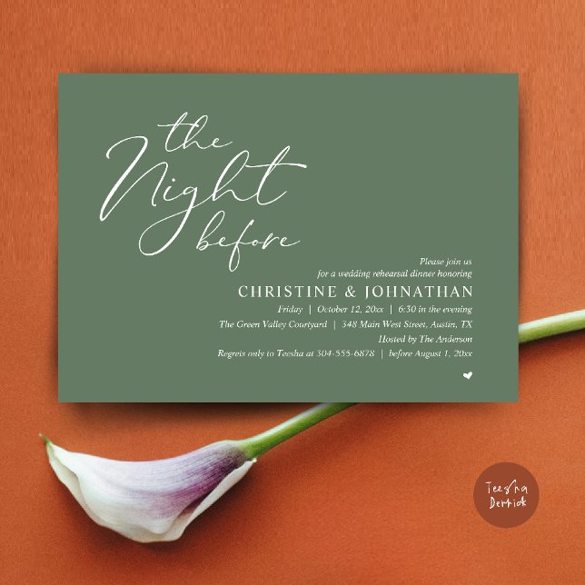 Convite Jantar Romântico na Véspera do Ensaio de Casamento (The Night Before Wedding Rehearsal Romantic Dinner Invitation Card in Sage Green)
