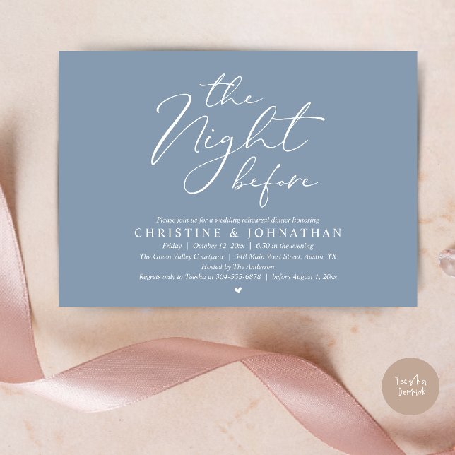 Convite Jantar Romântico na Véspera do Ensaio de Casamento (The Night Before Wedding Rehearsal Romantic Dinner Invitation Card in Dusty Blue)