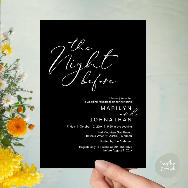 Convite Jantar Romântico na Véspera do Ensaio de Casamento (Romantic The Night Before Modern Wedding Rehearsal Dinner Invitation Card PDF Classy Black White)