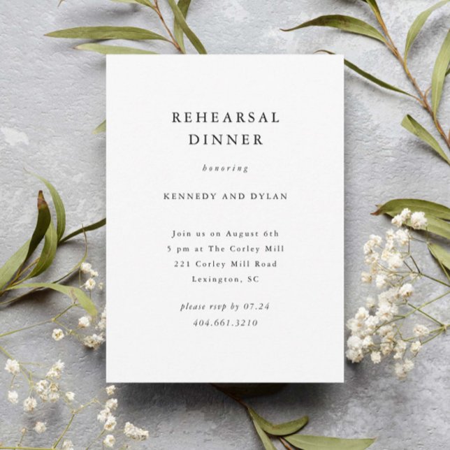 Convite Jantar Simples de Rehearsal de Casamento Preto e B (Simple elegant typography wedding rehearsal dinner invitations.)