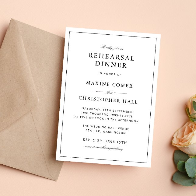 Convite Jantar Simples Formal Branco e Preto Antes do Casa (Formal white and black rehearsal dinner invitation brings timeless elegance to your gathering.)