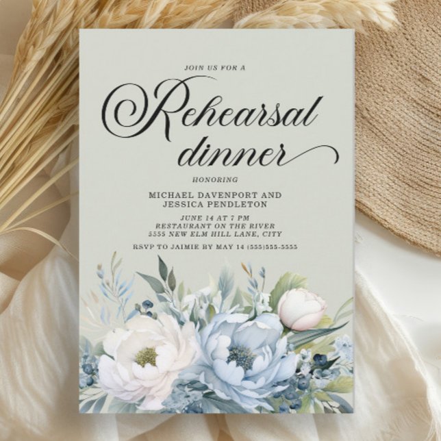 Convite Jantar Verde do Salão Azul Dusty (Dusty blue watercolor floral on sage green Rehearsal Dinner invitation)