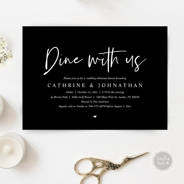 Convite Jante conosco, Janto de ensaio de casamento (Dine with us, Modern Wedding Rehearsal Dinner Party Invitation Card, PDF, in Elegant Black)