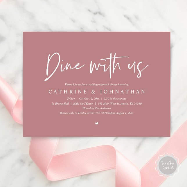 Convite Jante conosco, Janto de ensaio de casamento (Dine with us, Modern Wedding Rehearsal Dinner Party Invitation Card, PDF, in Dusty Rose Pink)