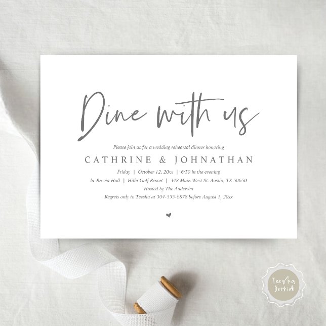 Convite Jante conosco, Janto de ensaio de casamento (Dine with us, Modern Wedding Rehearsal Dinner Party Invitation Card, PDF, in Dark Grey)